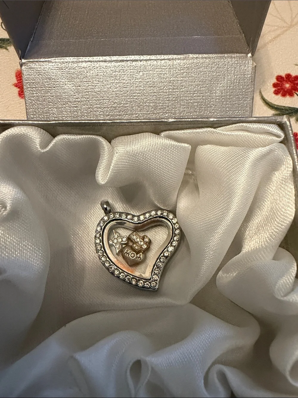 Silver Heart Locket Pendant Necklace with Crystal Border - Unbranded